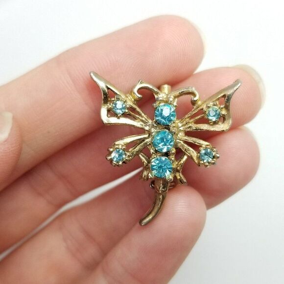 Vintage Little Blue Rhinestone Shaped Brooch, Gold Tone Insect Butterfly Moth - Picture 5 of 6